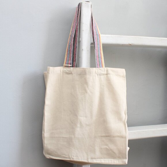 POSHMARK 'Shop Secondhand ' Cream Tan Rainbow Strap Canvas Tote Bag NWT - Picture 2 of 5